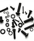Beast Grade Metric Screws Assortment Kit Loaded With Grade 10.9 Alloy Steel Hex Button Heads And Quick Fit Nuts Lock Washers Flat Washers—various sizes and types of black fasteners.