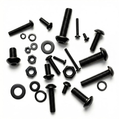 Beast Grade Metric Screws Assortment Kit Loaded With Grade 10.9 Alloy Steel Hex Button Heads And Quick Fit Nuts Lock Washers Flat Washers—various sizes and types of black fasteners.