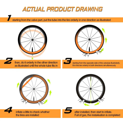 Instruction diagram showing installation of Ultra Lightweight MTB Inner Tube Set For 26, 27.5, 650B And 29 Inch Wheels With Presta Valve.