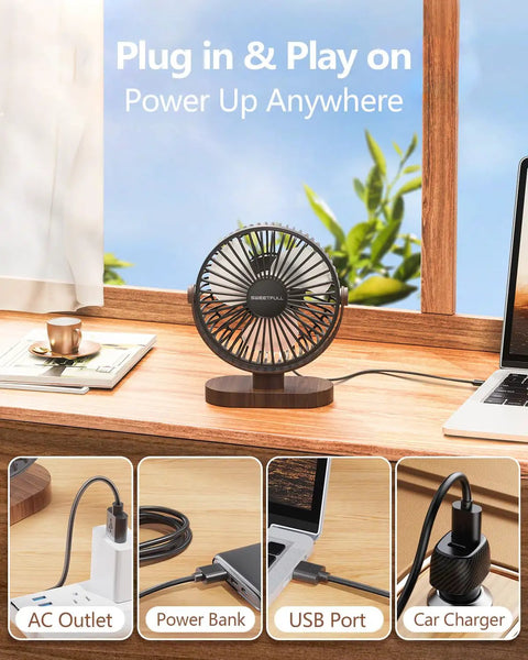 6.5 Inch USB Desk Fan with Quiet 3 Speed Settings on wooden desk, plugged into laptop, wood grain base visible