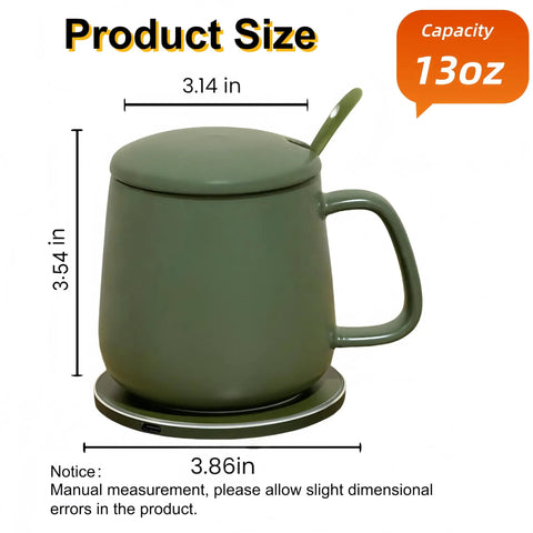 Smart Temperature Control Heated Coffee Mug 13 Oz Premium Ceramic Warm Auto Heater with dimensions and a 15W wireless charger stand.