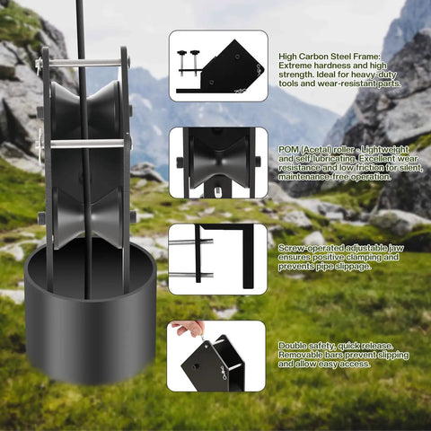 Pro Grade Well Pump Puller with POM Roller and Removable Side Rails against mountainous background