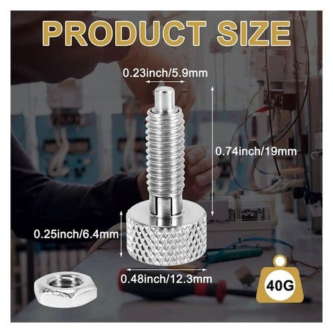 Spring Plunger With Quick Release Pins M6 Retractable Lockout Kit shown with dimensions and person in background