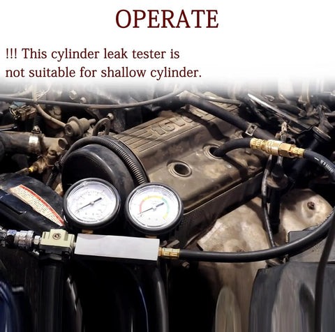 Front view of a dual-gauge cylinder leak-down tester installed on an automotive engine with hoses connected.