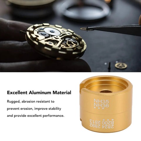 Gold aluminum watch movement base holder for 2824 2892 8200 2813 NH35 movements, secure disassembly & precise adjustments.