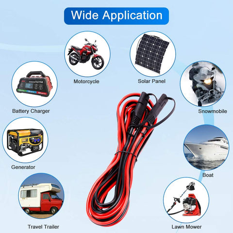 SAE Power Extension Cable 14AWG With Quick Connect and Disconnect for Automotive, RV, Motorcycle, Solar Panel uses shown.