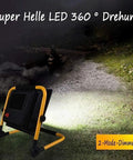 JUDYSSY Led Floodlight Ip67 120W Led Work Light in stand position, showcasing 360-degree rotation and bright LED illumination.