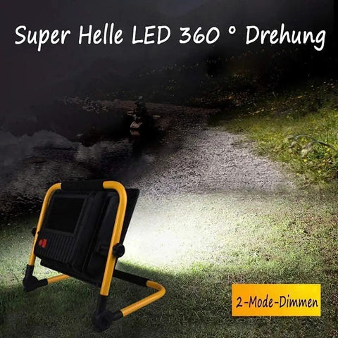 JUDYSSY Led Floodlight Ip67 120W Led Work Light in stand position, showcasing 360-degree rotation and bright LED illumination.