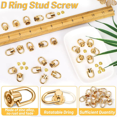 40 Piece D Ring Rivets For Leather Purses And Bags Gold Ball Studs With D Rings Dope Bag Hardware For DIY Purse Craft Crossbody Strap Attachments And Replacement Rivets, gold zinc alloy