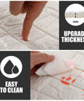 30 Piece 3D White Brick Peel And Stick Foam Wall Panels For A Quick Home Flip Featuring No Fuss Renter Friendly Install And Subtle Sound Dampening For A Slick Modern Surface Zero Stress Decor showing finger pressing on thick foam panels and cleaning spills.