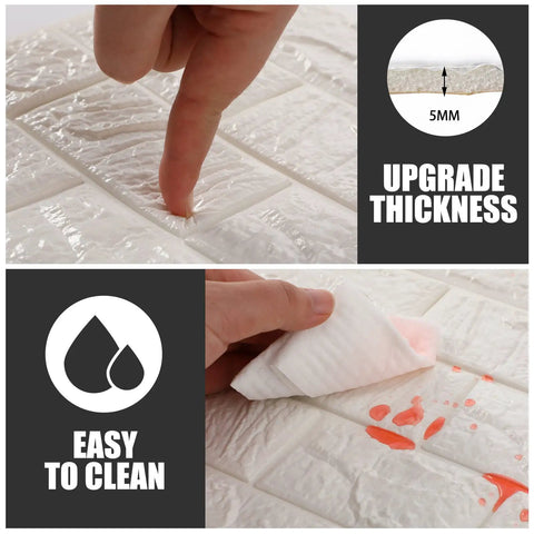 30 Piece 3D White Brick Peel And Stick Foam Wall Panels For A Quick Home Flip Featuring No Fuss Renter Friendly Install And Subtle Sound Dampening For A Slick Modern Surface Zero Stress Decor showing finger pressing on thick foam panels and cleaning spills.