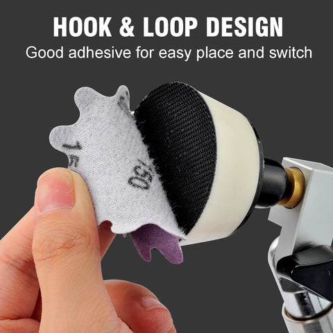 Heavy Duty Flex Edge Sanding Discs With Kickass 80 To 800 Grit Range demonstrating hook and loop design for easy attachment.