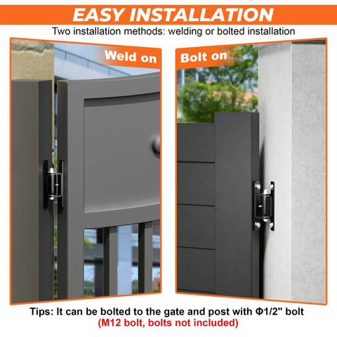 PICURA 7-inch heavy-duty gate hinges, 2-pack in black; shows weld-on and bolt-on installation for metal or wood gates.