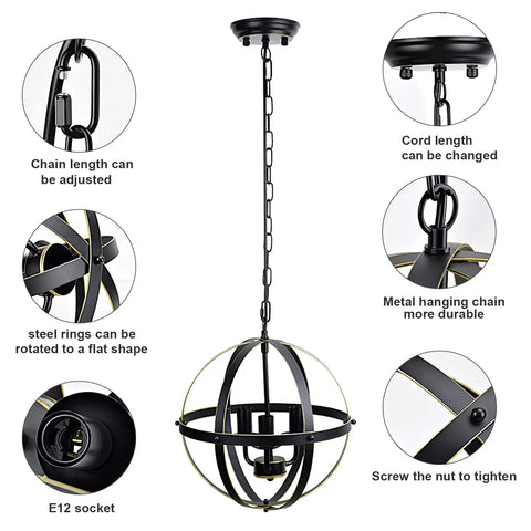 Totally Dope Vintage Farmhouse Globe Chandelier With Three Pendant Lights Metal Swag Ceiling Fixture In Gold E12 Base features