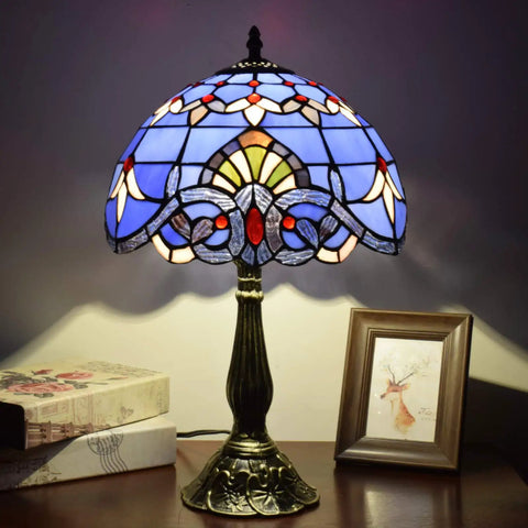 Blue Baroque Tiffany Style Stained Glass Table Lamp For Bedroom And Living Room, 12x12x18 Inch, on wooden nightstand.