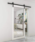84 In By 36 In Dope Mirror Sliding Barn Door With Hardware Kit And Handle White MDF Interior Door Ready To Hang Pre Finished Rail System Included Front Mirror Maximizes Light And Reflections Ideal For Closets Bathrooms Pantries Laundry Rooms installed in modern room