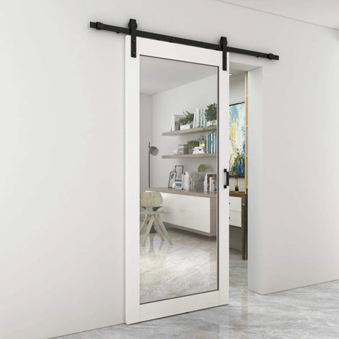 84 In By 36 In Dope Mirror Sliding Barn Door With Hardware Kit And Handle White MDF Interior Door Ready To Hang Pre Finished Rail System Included Front Mirror Maximizes Light And Reflections Ideal For Closets Bathrooms Pantries Laundry Rooms installed in modern room