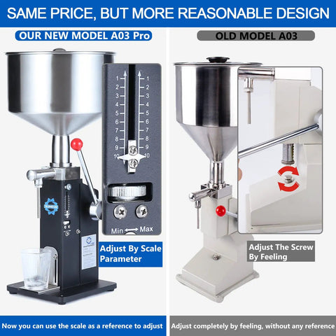 Top Notch Manual Bottle Filler Machine For Hydrating Serums And Viscous Lotions 5 To 55 Ml Capacity comparison image of A03 Pro and old model.