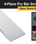 Heavy Duty Four Piece Stainless Steel Pry Bar Scraper Set With Nail Puller and Angled Edge shown with razor sharp edge
