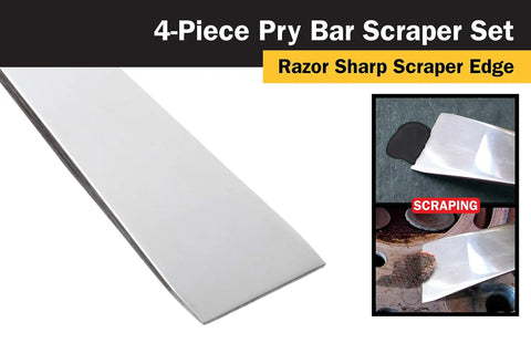 Heavy Duty Four Piece Stainless Steel Pry Bar Scraper Set With Nail Puller and Angled Edge shown with razor sharp edge