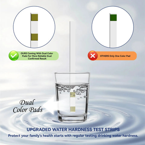 Hard Water Test Strips Kit With 200 Strips And Sample Tube For At Home DIY Water Testing In Homes Pools And Spas Calcium And Magnesium Tester 0 To 425 Ppm With Easy Read Two Color Pad Indicators image showing dual color pads in glass.
