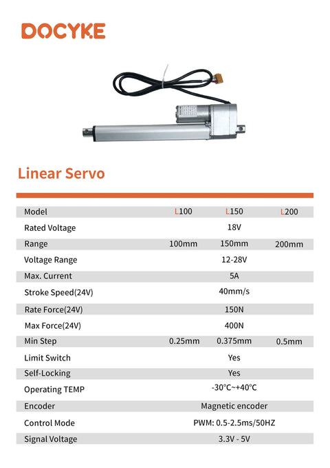 DOCYKE linear servo actuator, 150 mm stroke, silver aluminum body with black cable, side view
