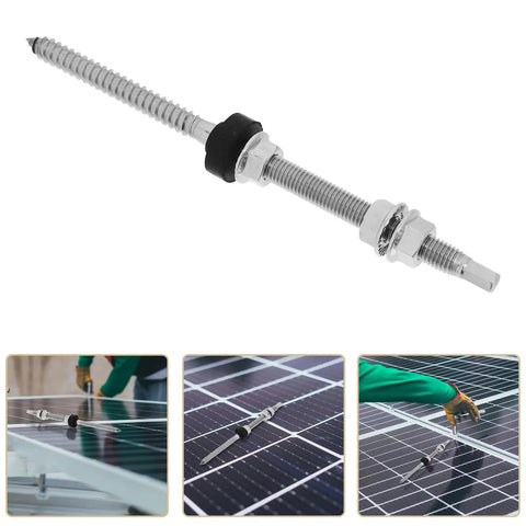 Stainless Steel Solar Mounting Hanger Bolts Heavy Duty Fasteners Built Tough For Rock Solid Roof Panel Securing And Smooth Gate Hardware Installations close-up of threaded anchor with rubber washer.