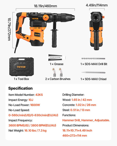 Beefy SDS-Max Rotary Hammer Drill With 1-9/16 Inch Capacity, 13 Amp Corded Demolition Power, tool and accessories kit layout