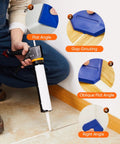 Person using Dripless Caulking Gun Kit With An 11 In 1 Tool Set Pro Grade Manual Sealant Gun on floor tiles with blue shaping tools.