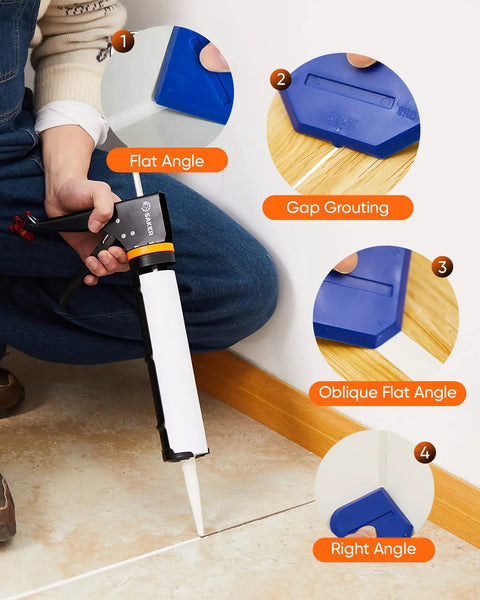 Person using Dripless Caulking Gun Kit With An 11 In 1 Tool Set Pro Grade Manual Sealant Gun on floor tiles with blue shaping tools.
