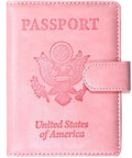 Level Up Your Vacation Vibe With This Sleek RFID Blocking Passport Holder Featuring A Secure Magnetic Closure For Fast Easy Access By Men And Women Safely Stores ID Cards Tickets And Cash On The Go, pink leather design with embossed passport emblem.