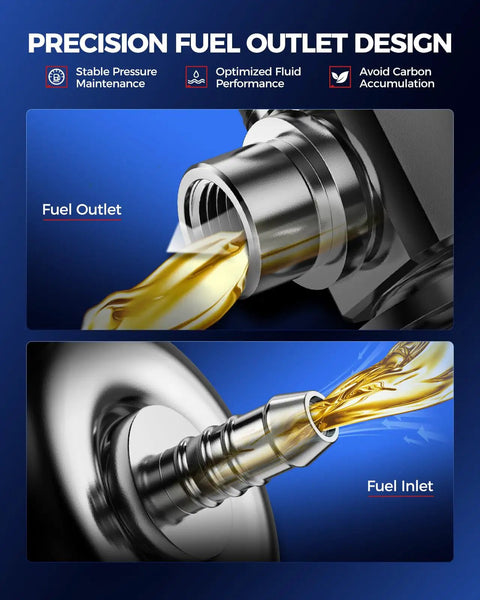 Heavy Duty High Pressure Fuel Pump For Chevy Equinox And Gmc Terrain 2.4L Engine showing fuel outlet and inlet design.