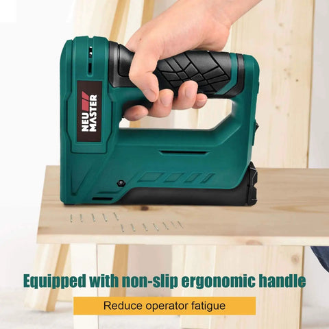 Cordless Electric Staple Gun For Wood With T50 Staples And USB Charger in use on wooden board with non-slip handle