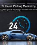 Blue sports car illustrating 24-hour parking monitoring with clock graphic, related to 3 Inch 1080P High Definition Dash Cam For Cars.