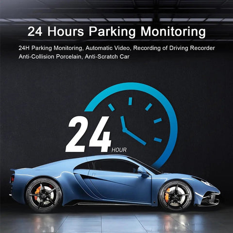 Blue sports car illustrating 24-hour parking monitoring with clock graphic, related to 3 Inch 1080P High Definition Dash Cam For Cars.