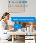 Woman using smart power strip with voice control via Siri, Alexa, Google; Smart Power Strip With Four Outlets And Four USB Ports.