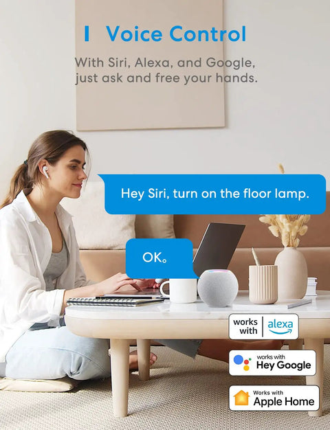 Woman using smart power strip with voice control via Siri, Alexa, Google; Smart Power Strip With Four Outlets And Four USB Ports.