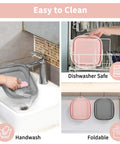 2 Pack 8 Inch Foldable Square Silicone Air Fryer Liners For 4 Qt To 6 Qt, Reusable, Grey and Pink, shown being washed and folded
