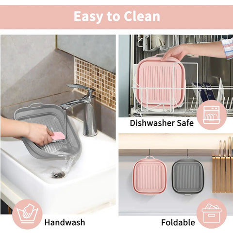 2 Pack 8 Inch Foldable Square Silicone Air Fryer Liners For 4 Qt To 6 Qt, Reusable, Grey and Pink, shown being washed and folded