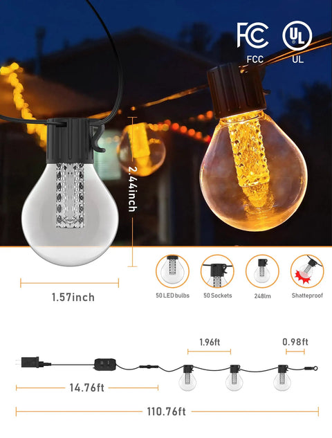 Close-up of Lit Dimmer Enabled Outdoor String Lights 100Ft LED Patio with app control, featuring G40 globe bulbs, glowing at night.