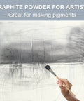 Graphite powder being applied on paper with a brush, labeled for artists and pigment making.