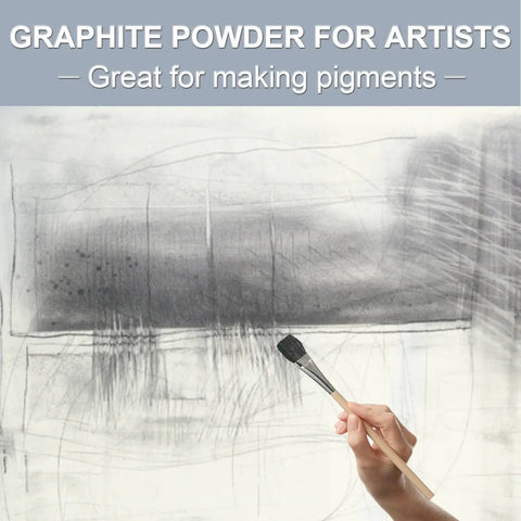 Graphite powder being applied on paper with a brush, labeled for artists and pigment making.