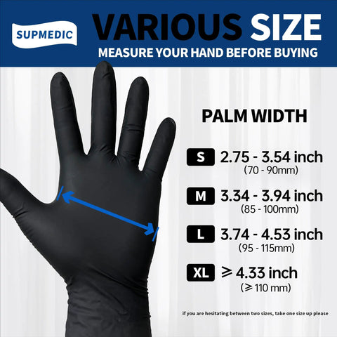 Black Nitrile Gloves X Large 100 Count Disposable, Chemical Resistant, Powder Free, Latex Free Medical Exam Gloves size chart