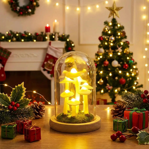 Mushroom Night Light In Glass Dome LED Decor With Wooden Base For Home Decor Gifts on holiday table with Christmas tree background.