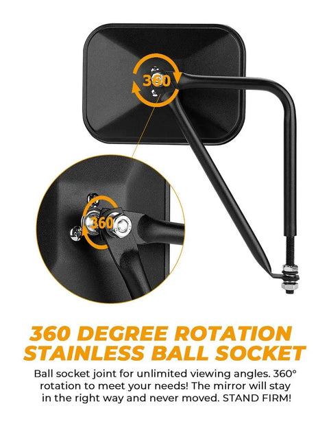 360-degree rotation ball socket of pair of doorless side mirrors for Wrangler YJ TJ JK JKU JL JLU Gladiator JT 1987 to 2026