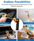 Infrared Temp Gun For Non Contact Temperature Readings With Backlit LCD Display used in various settings, yellow and black.