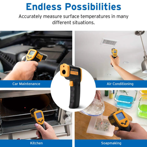Infrared Temp Gun For Non Contact Temperature Readings With Backlit LCD Display used in various settings, yellow and black.