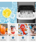 No Fuss Portable Countertop Ice Maker With Sturdy Carry Handle And Easy Self Cleaning Cycle Fast Freeze Compact Ice Machine filled with ice cubes.