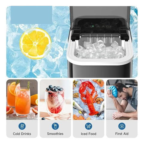 No Fuss Portable Countertop Ice Maker With Sturdy Carry Handle And Easy Self Cleaning Cycle Fast Freeze Compact Ice Machine filled with ice cubes.