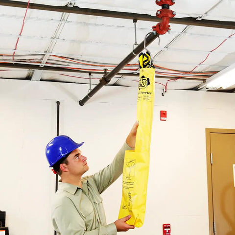 Worker installing Umbrella-Style Roof Leak Diverter Kit Stop Roof Leaks Fast No Mess Channel Water With Drain Hose 49x49 inches.